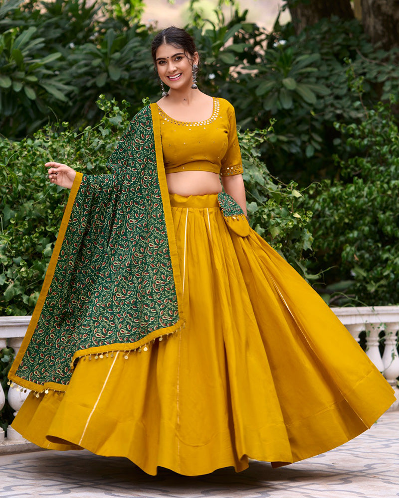 Mustard Color Cotton Plain Navratri Lehenga Choli