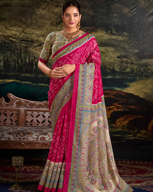 Pink Color Green Silk Fusion Printed Saree