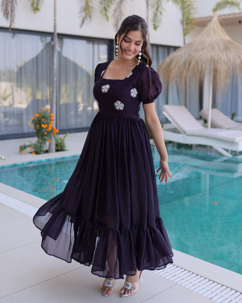 Dark Purple Color Fendi Silk Beads Embroidered Gown