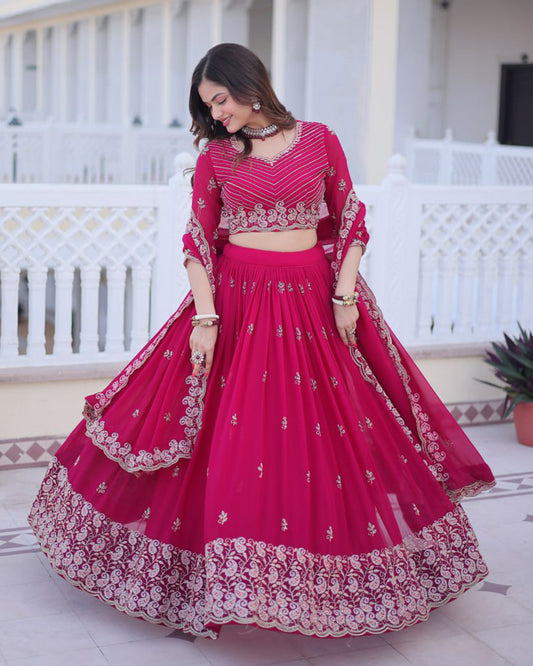Cherry Rose Color Blooming Embroidered Lehenga Choli