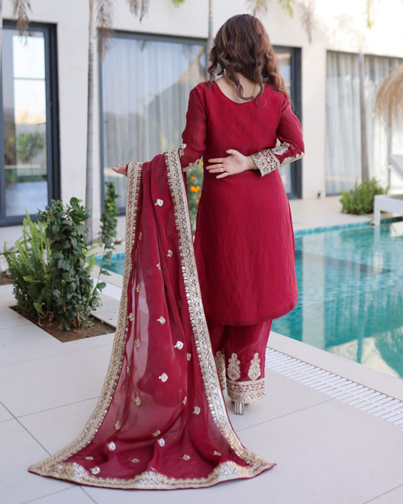 Wine Maroon Color Fendi Silk Embroidered Kurti Suit