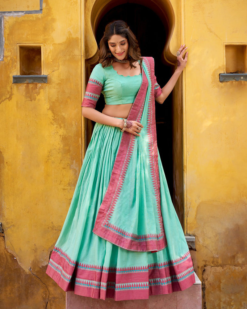 Sky Blue Color Pure Chanderi Threaded Half Saree