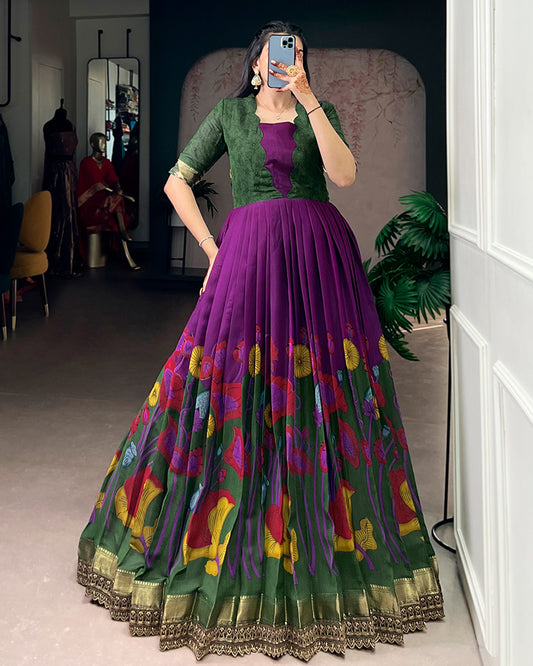 Purple Color Viscose Chanderi Floral Printed Gown