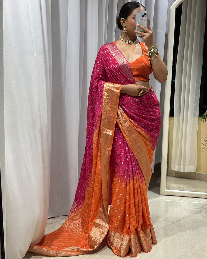 Orange Pink Color Chinon Dyeing Saree