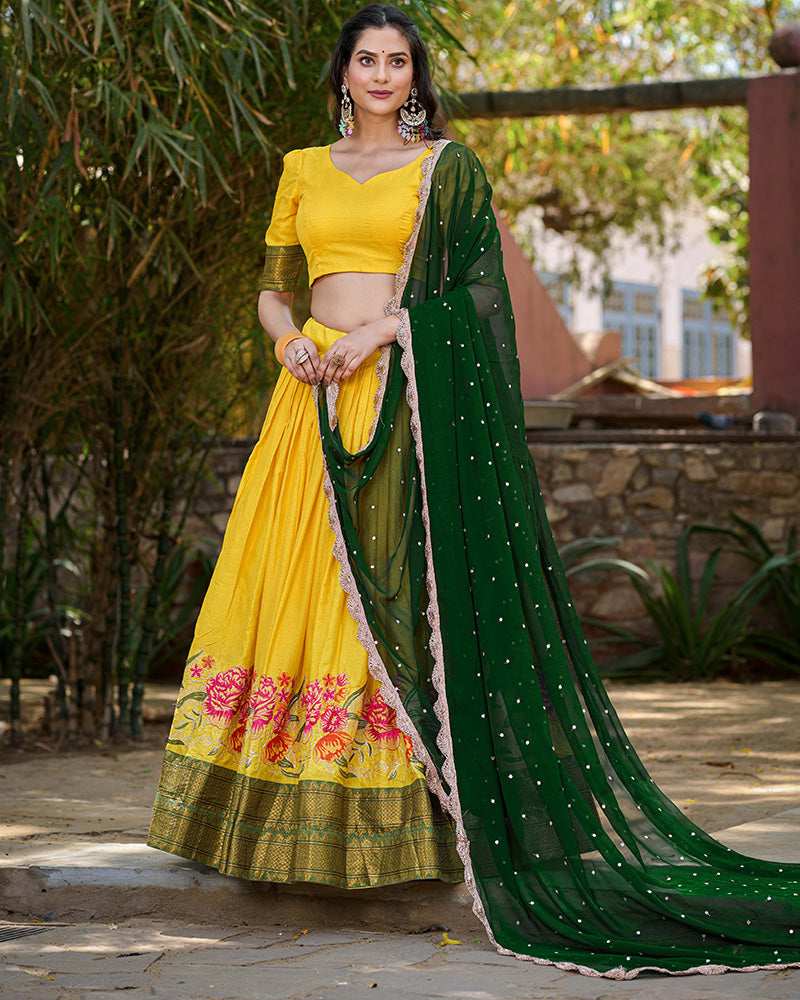 Yellow Color Cotton Silk Designer Half Saree
