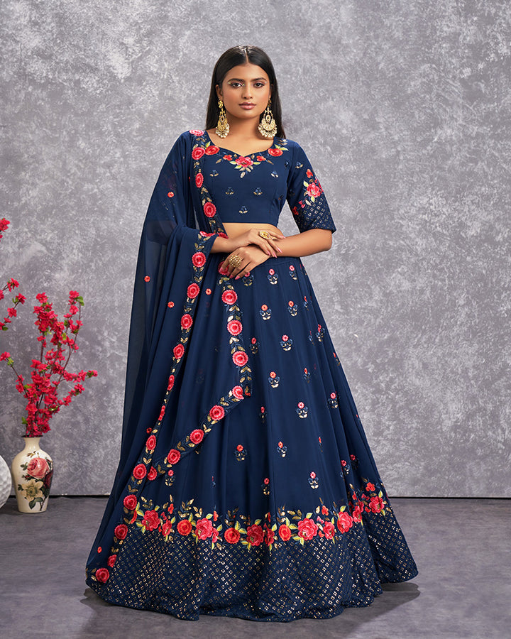 Teel Blue Color Embroidered Georgette Semi Stitched Lehenga Choli