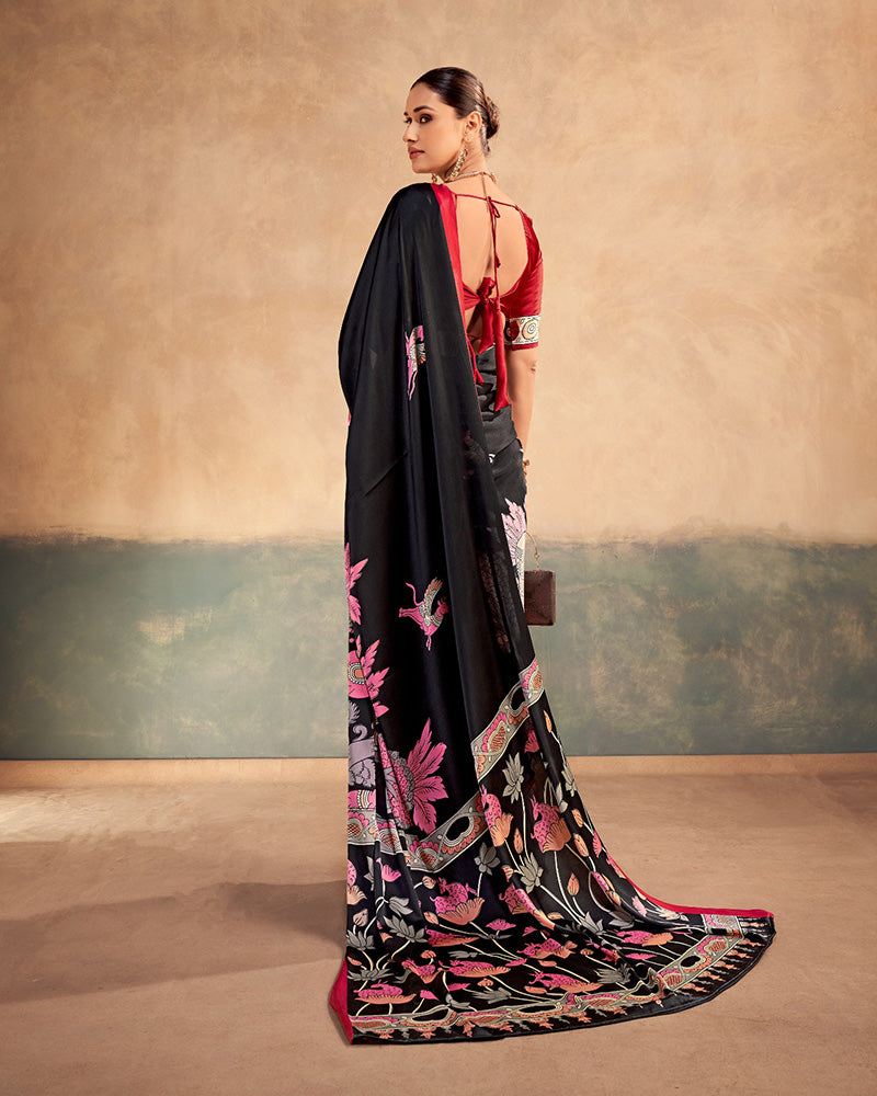 Red Color Satin Silk Kalamkari Printed Saree