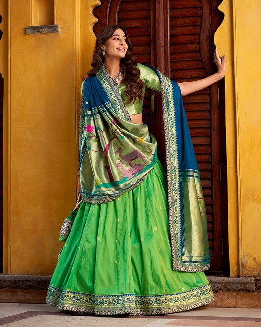 Parrot Green Color Soft Silk Paithani Lehenga Choli
