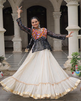 Vibrant Gamthi Work Black Kediya With Off-White Traditional Lehenga