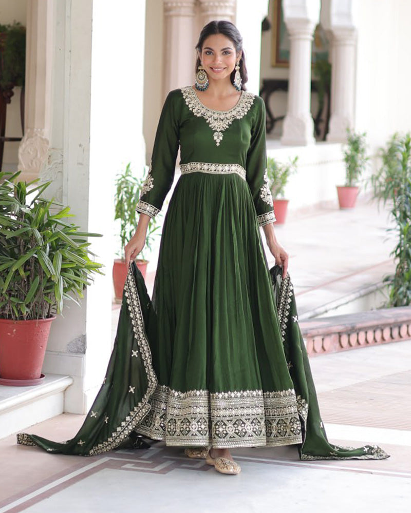 Mehndi Green Color Vichitra Silk Embroidered Gown