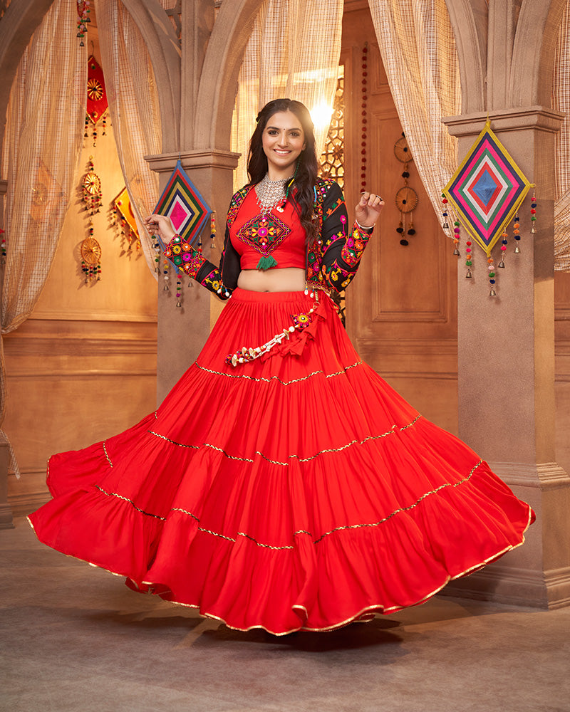 Red Color Viscose Rayon Threaded Fully Stitched Navratri Lehenga Choli