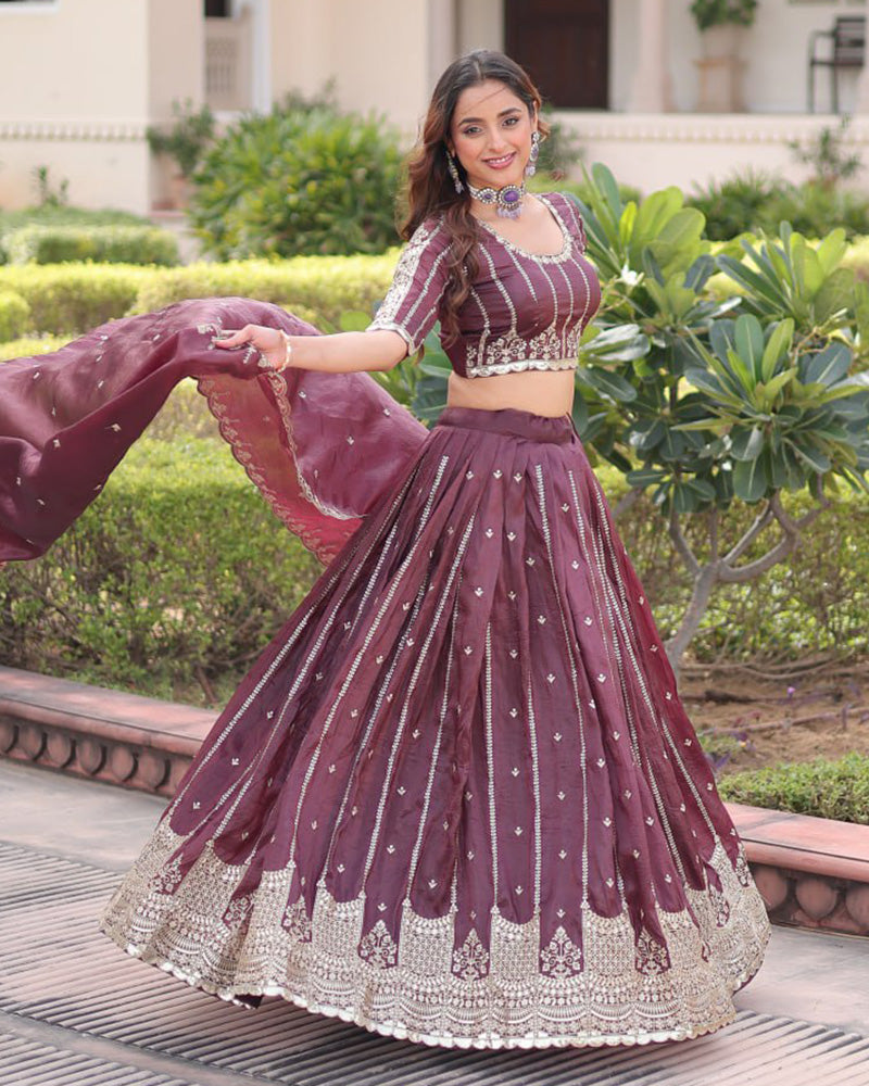 Deep Plum Color Gold Crush Embroidered Lehenga Choli