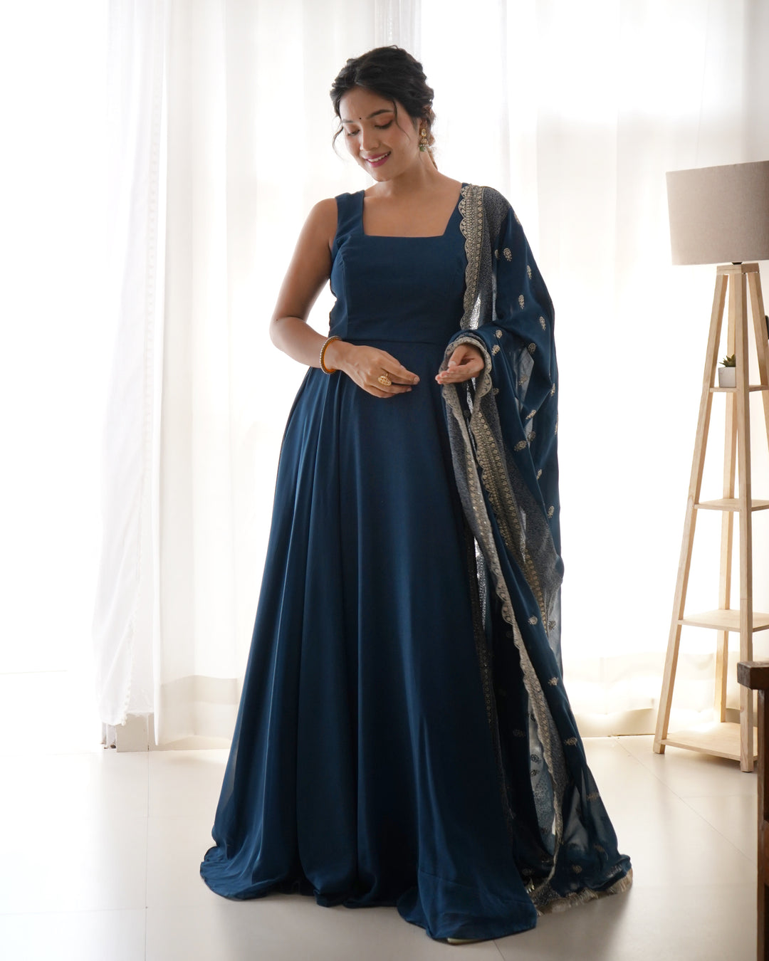 Rama Color Anarkali Gown With Heavy Embroidered Dupatta