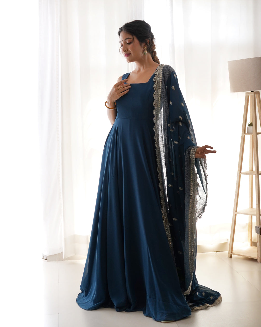 Rama Color Anarkali Gown With Heavy Embroidered Dupatta