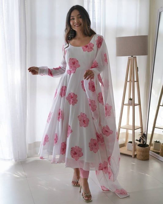 White Rose Colour Three Piece Organza Tebby Anarkali Suit