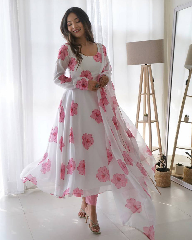 White Rose Colour Three Piece Organza Tebby Anarkali Suit