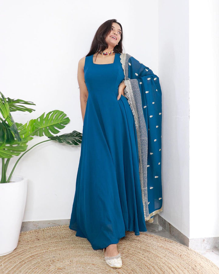 Drashti Ghanva Rama Color Anarkali Gown With Heavy Embroidered Dupatta
