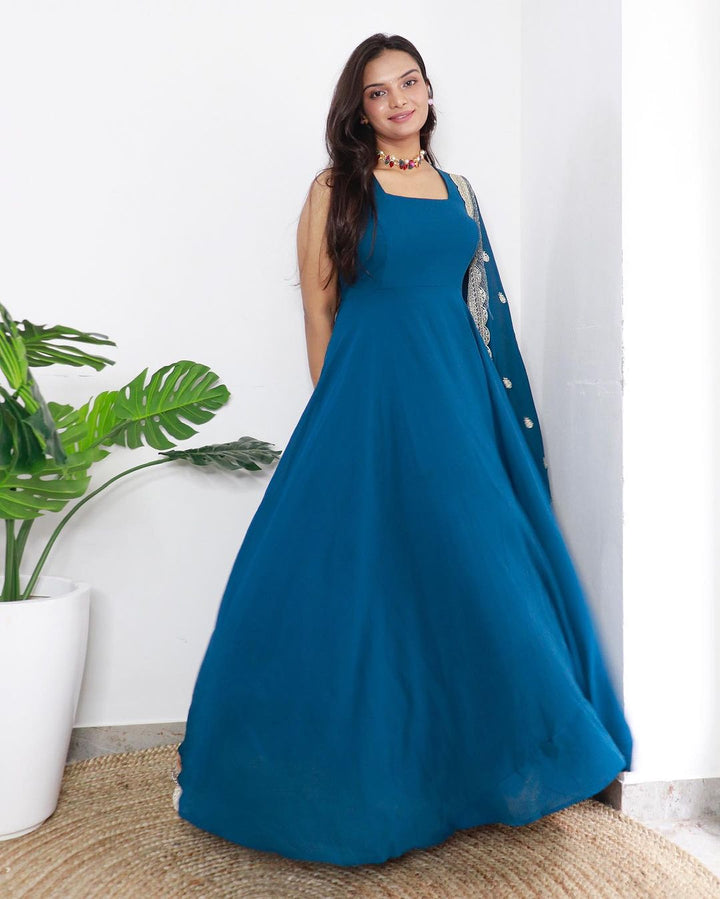 Drashti Ghanva Rama Color Anarkali Gown With Heavy Embroidered Dupatta