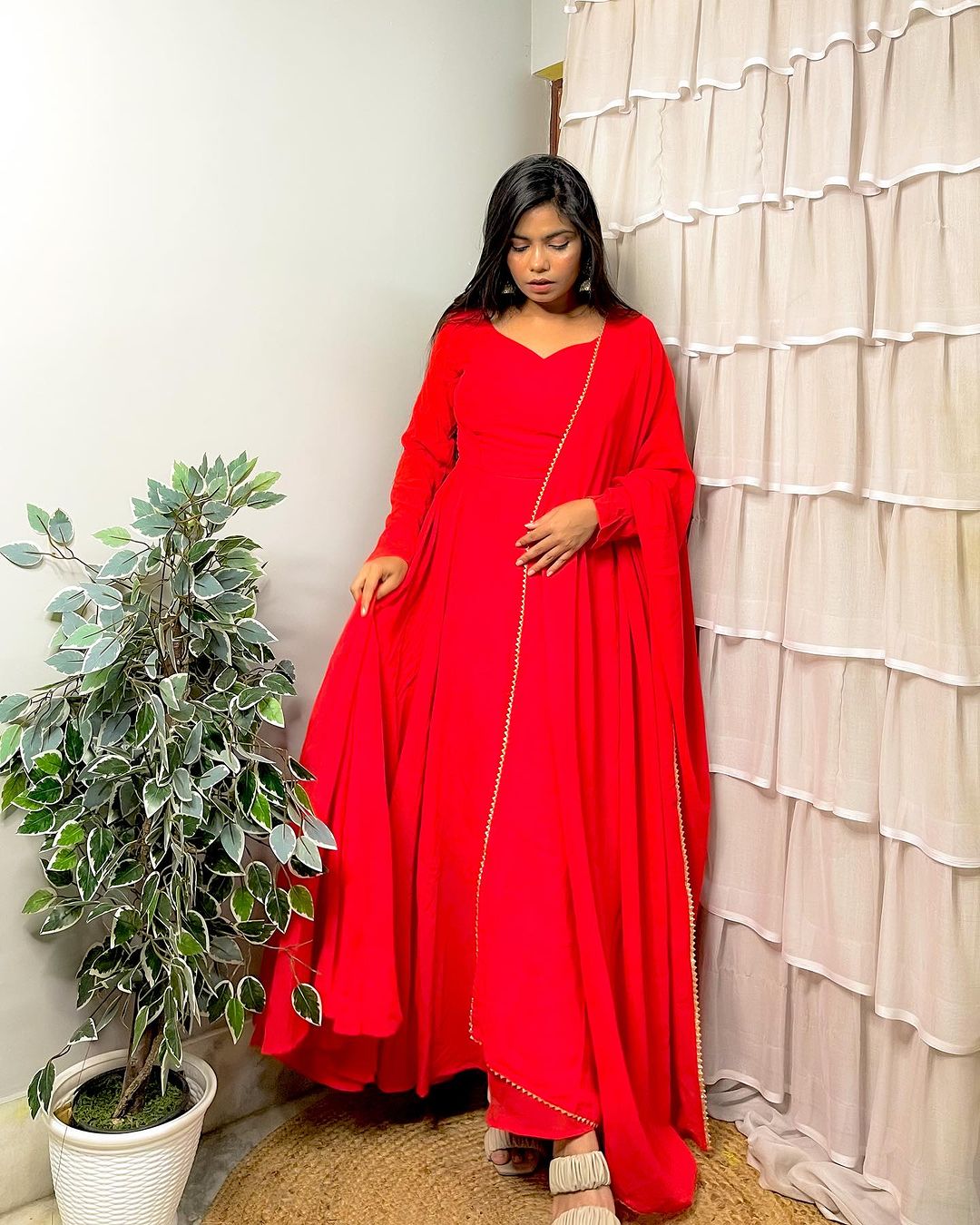 Meenakshi Karmakar Designer Back String Style Red Colour Three Piece Anarkali Suit