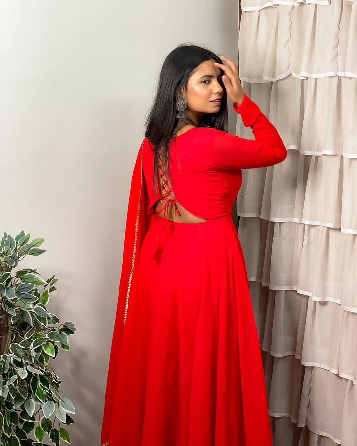 Meenakshi Karmakar Designer Back String Style Red Colour Three Piece Anarkali Suit