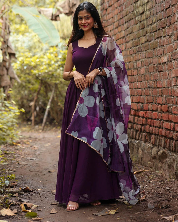 Kimaya Vartak Pure Soft Georgette Wine Color Anarkali Gown With Floral Dupatta