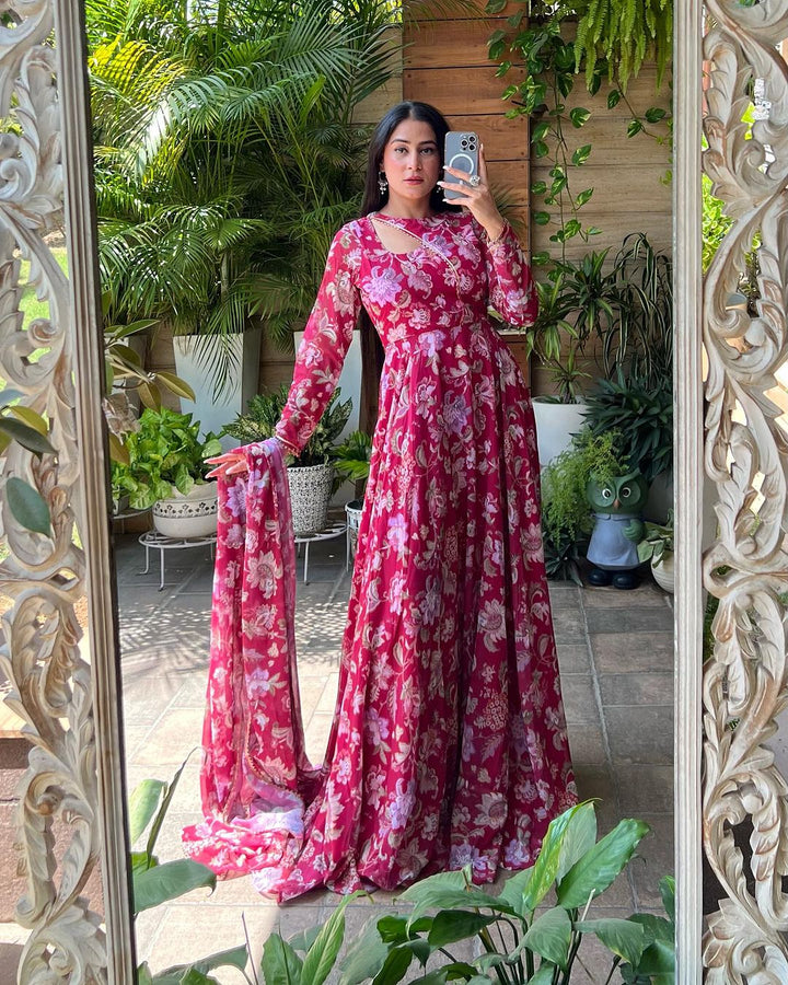 Isha Sharma Stylish Neck Design Soft Georgette Floral Pink Color Three Piece Anarkali Suit