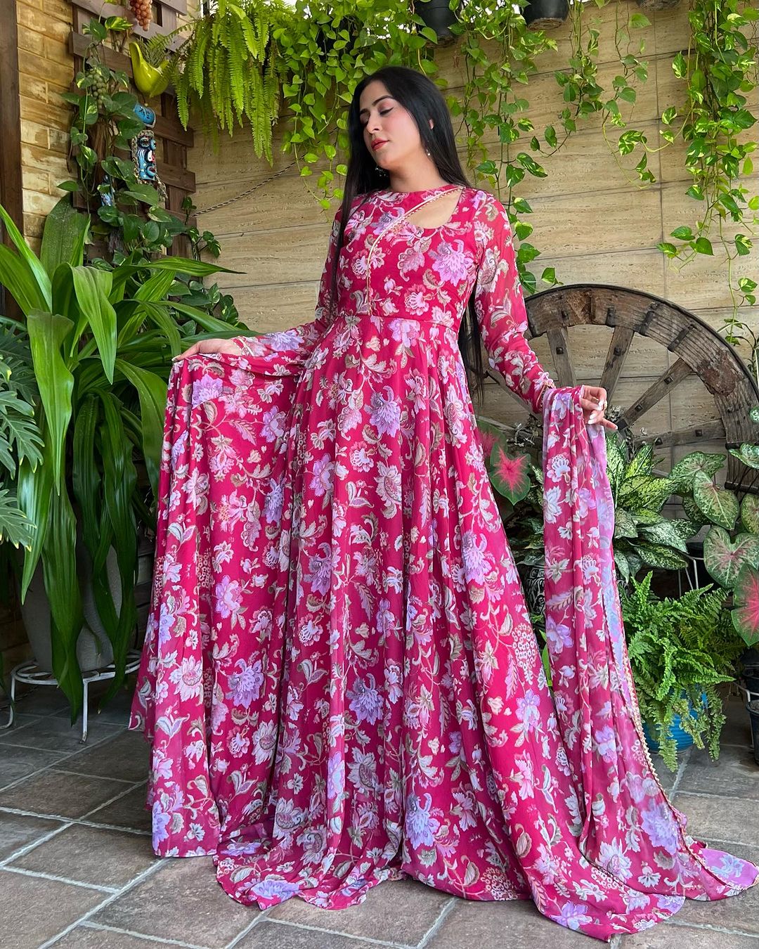 Isha Sharma Stylish Neck Design Soft Georgette Floral Pink Color Three Piece Anarkali Suit