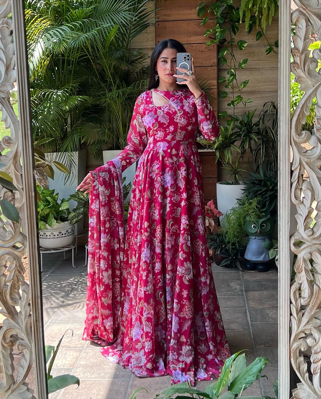 Isha Sharma Stylish Neck Design Soft Georgette Floral Pink Color Three Piece Anarkali Suit