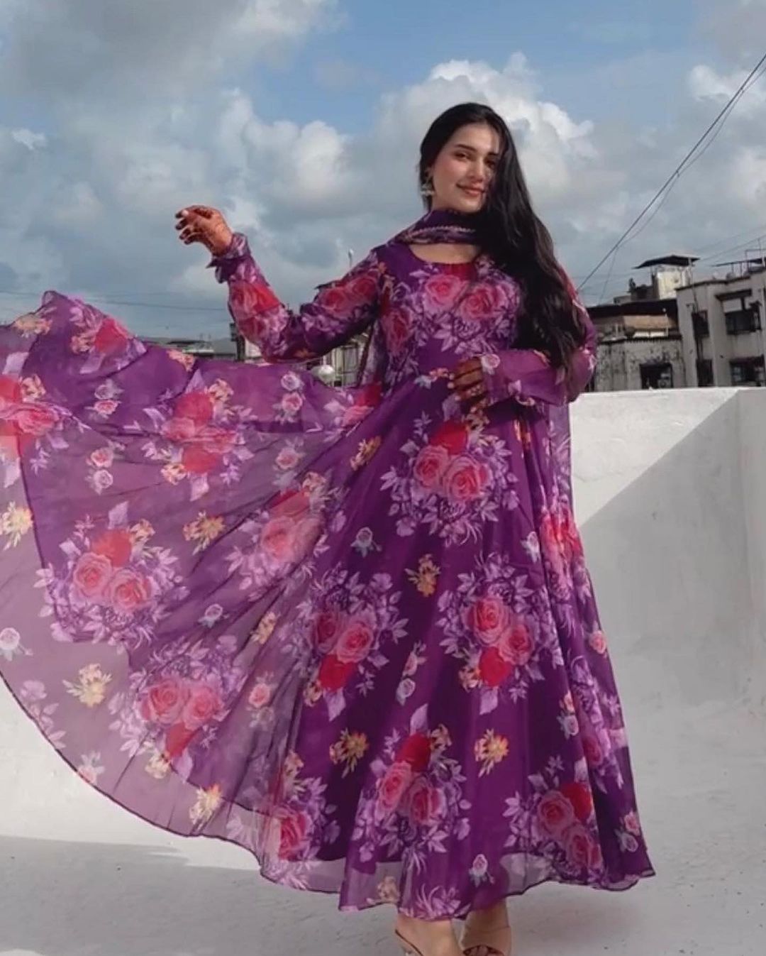 Aishwarya Rathod in Purple Color 3D Printed Soft Organza Anarkali Three Piece Suit