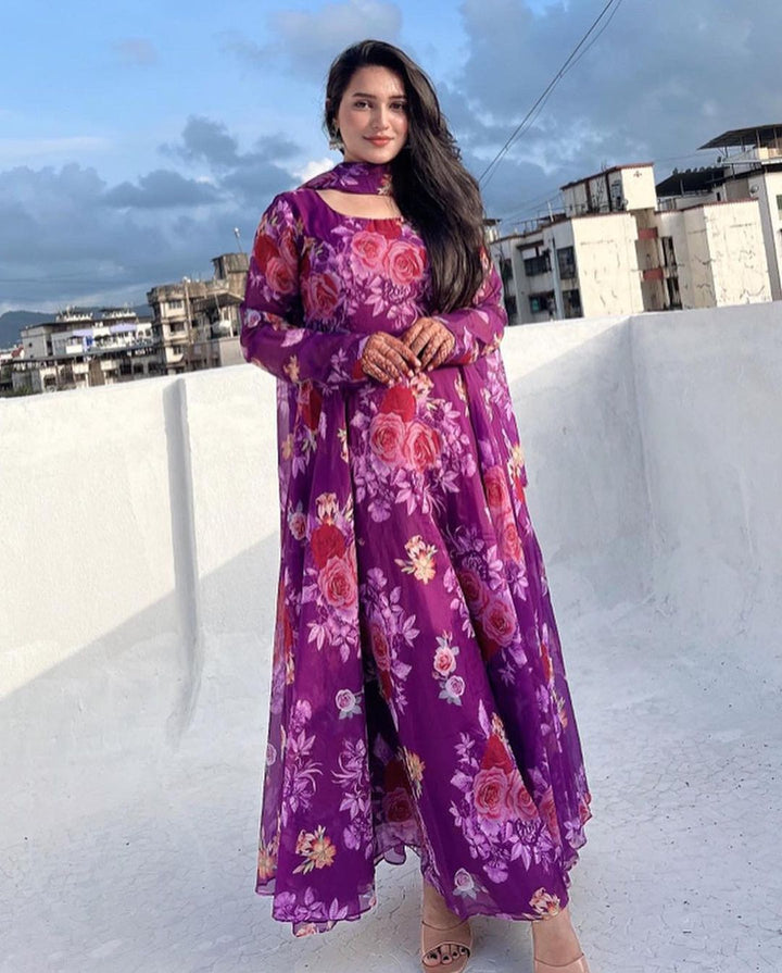 Aishwarya Rathod in Purple Color 3D Printed Soft Organza Anarkali Three Piece Suit