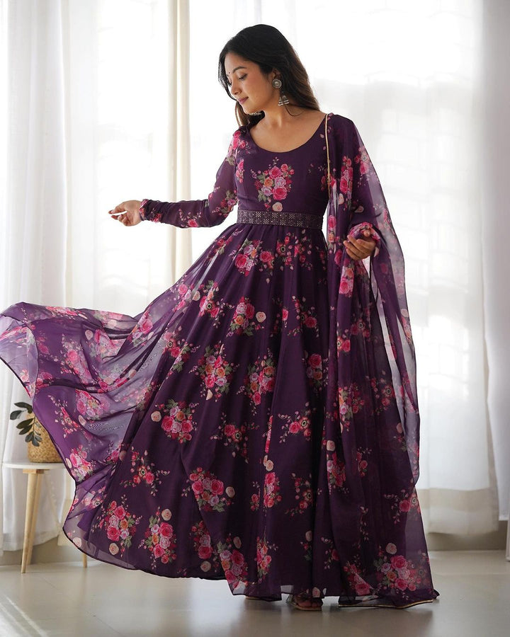 Wine Purple Color Floral Print Soft Organza Silk Kali Cut Anarkali Suit