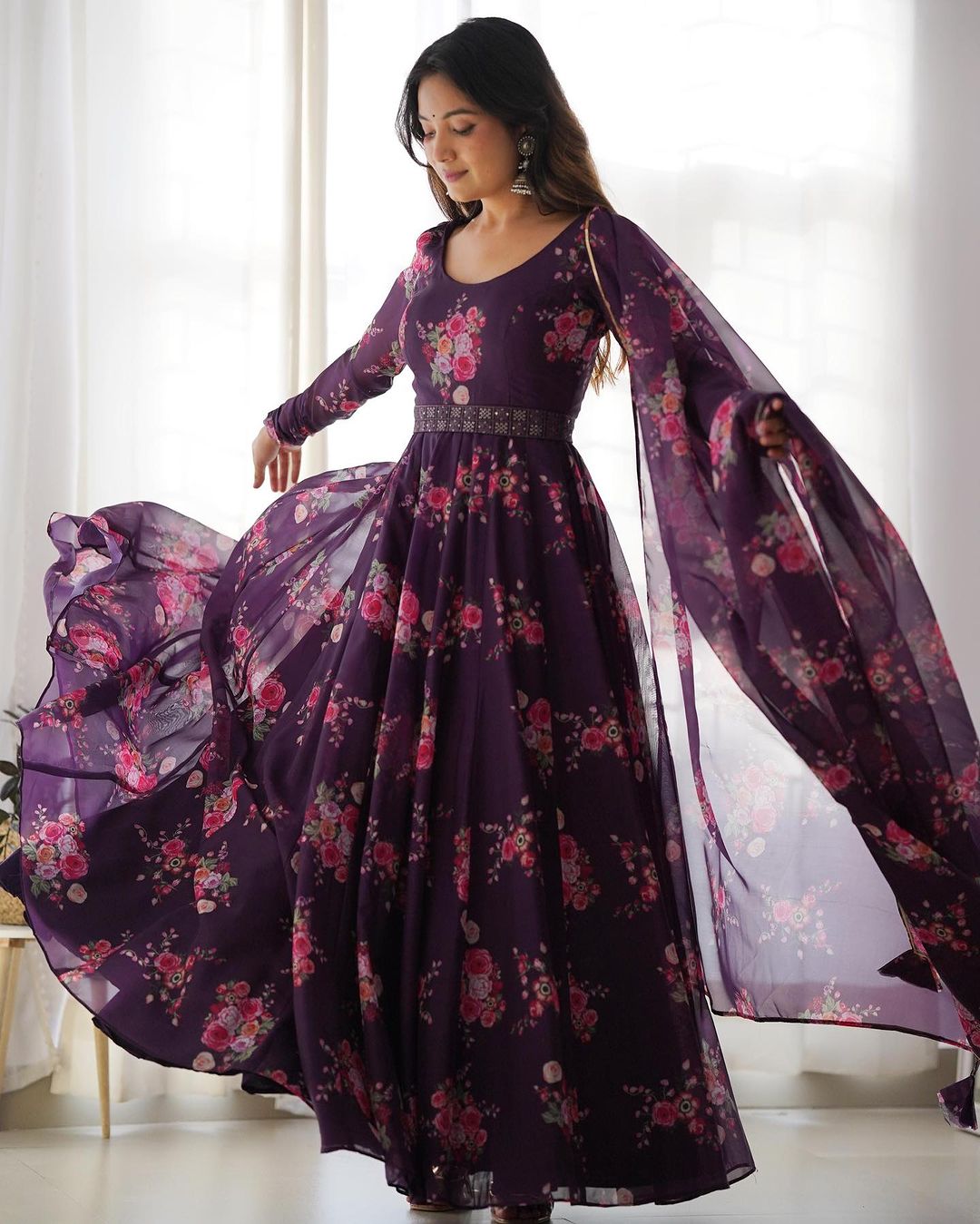 Wine Purple Color Floral Print Soft Organza Silk Kali Cut Anarkali Suit