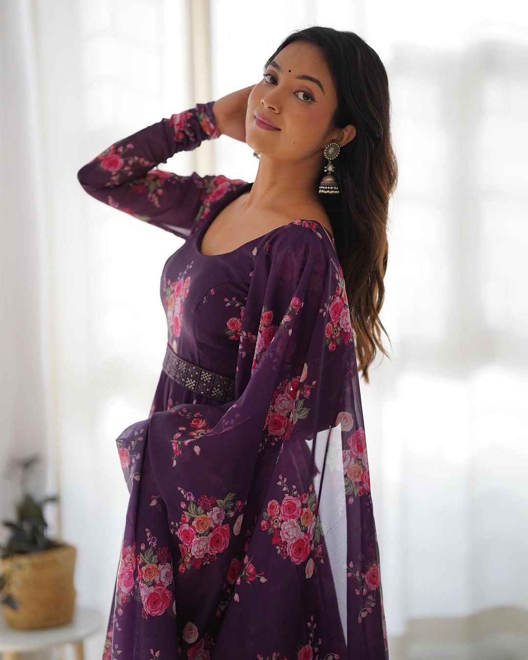 Wine Purple Color Floral Print Soft Organza Silk Kali Cut Anarkali Suit