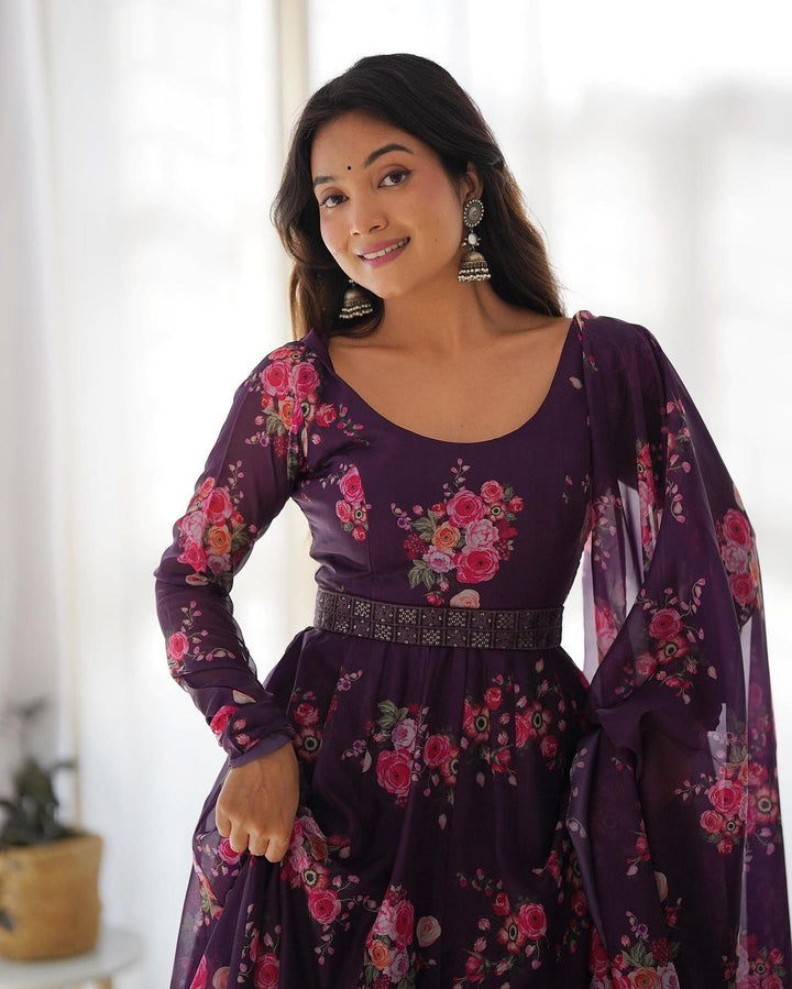 Wine Purple Color Floral Print Soft Organza Silk Kali Cut Anarkali Suit