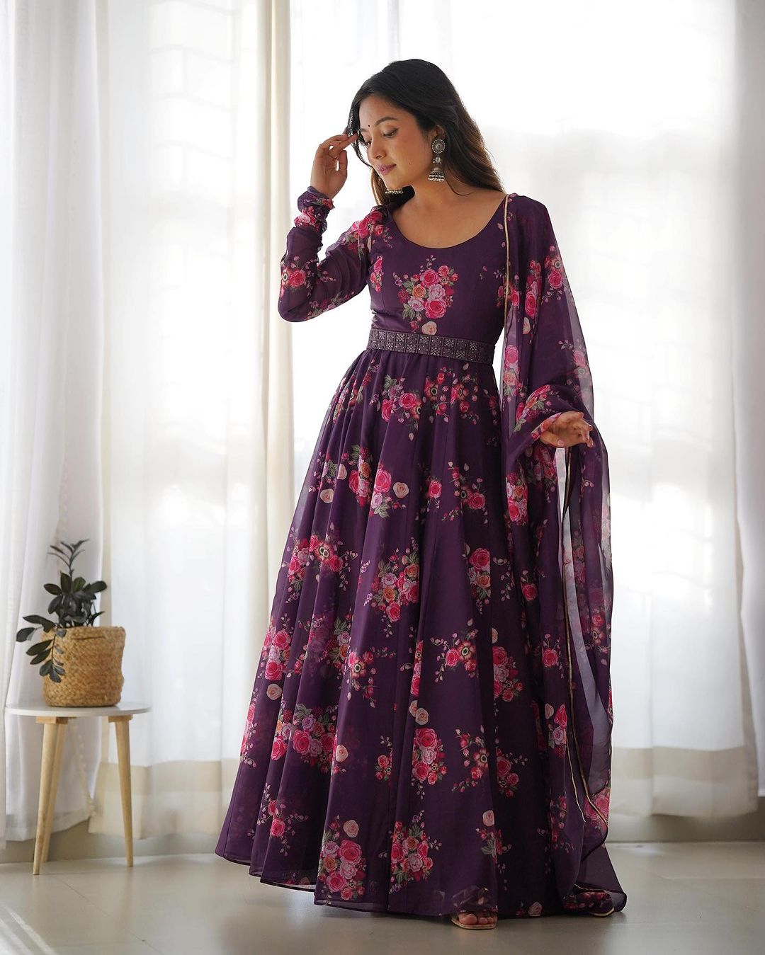 Wine Purple Color Floral Print Soft Organza Silk Kali Cut Anarkali Suit