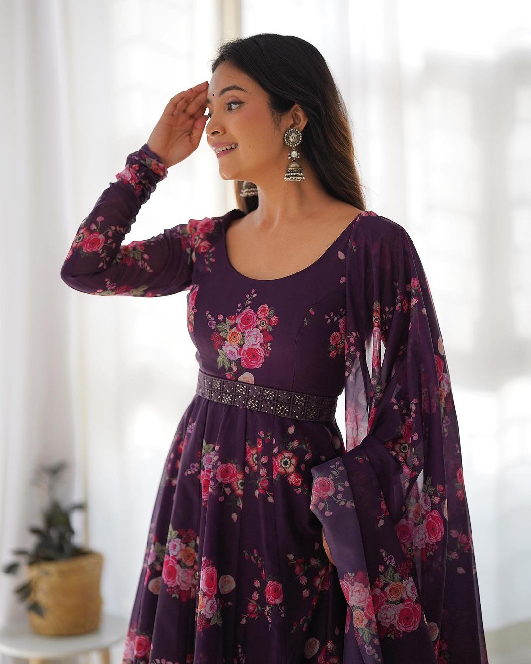 Wine Purple Color Floral Print Soft Organza Silk Kali Cut Anarkali Suit