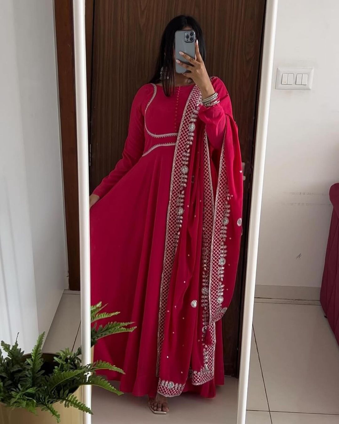 Srushti Kudale in Our Rani Pink Embroidered Dupatta Anarkali Three Piece Suit