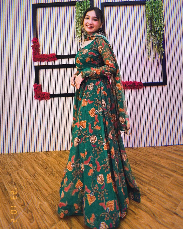 Kiran Rana in Green Colour Printe Floor Length Two Piece Anarkali Suit