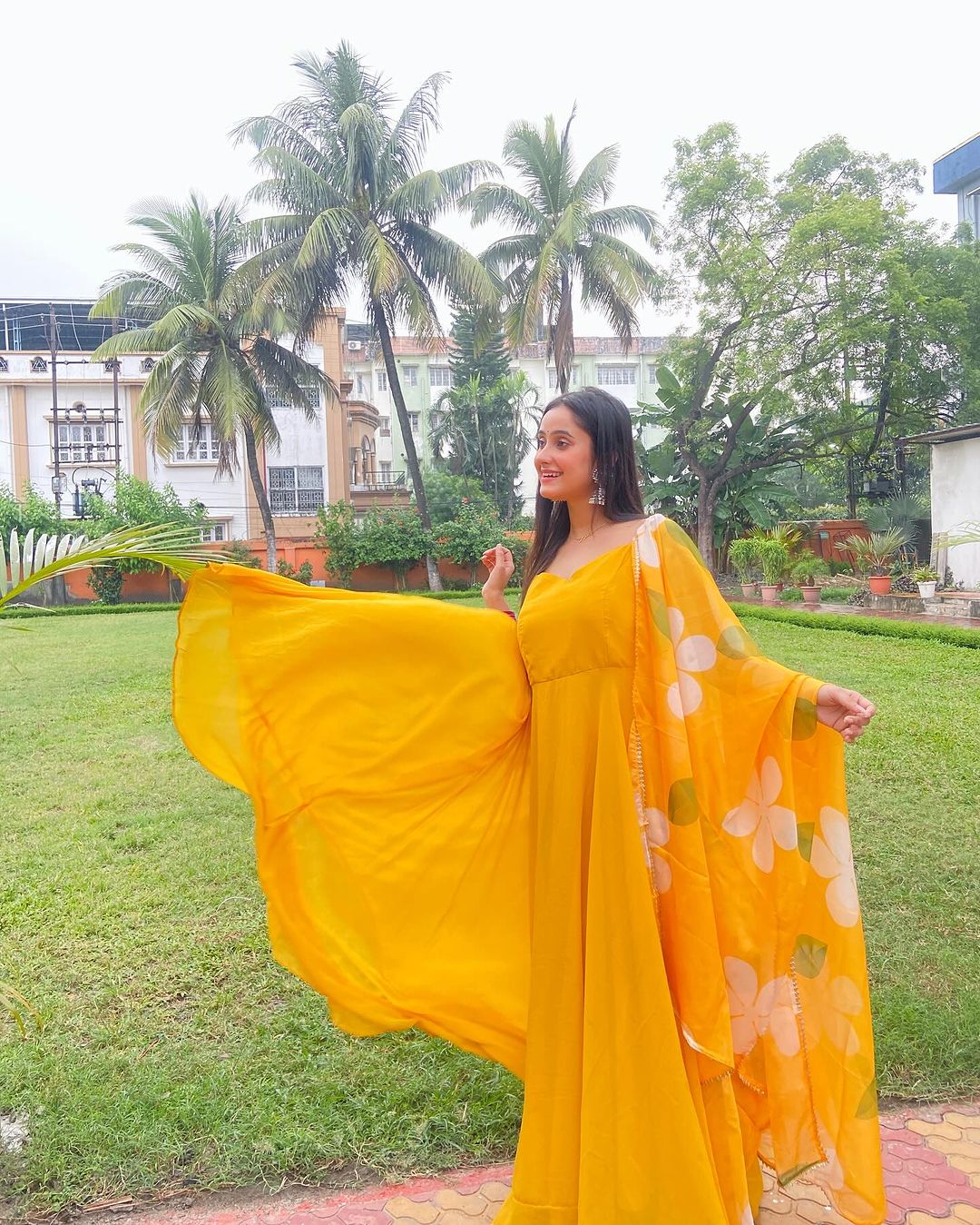 Neha Ghosh in Mustard Yellow Color Soft Georgette Anarkali Gown With F ...