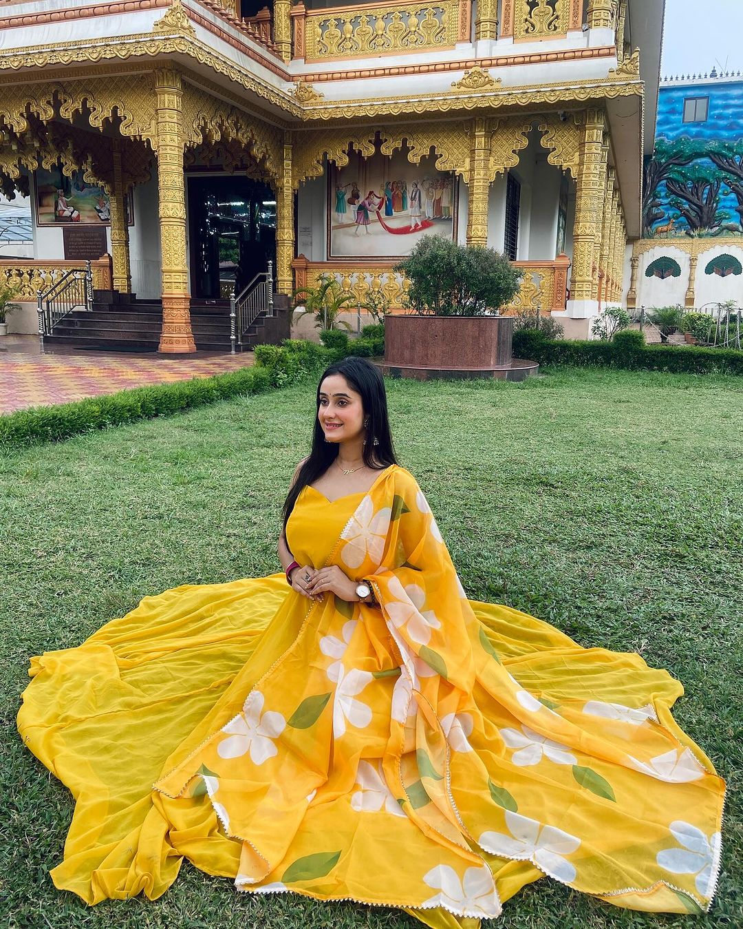 Neha Ghosh in Mustard Yellow Color Soft Georgette Anarkali Gown With Floral Printed Dupatta