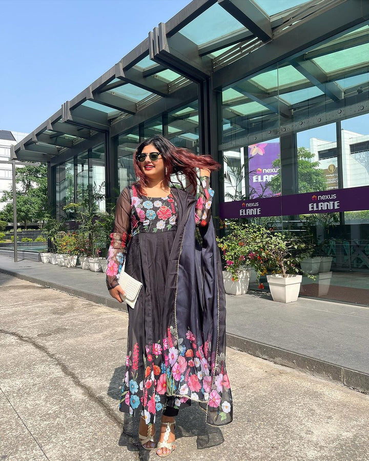 Shalini Singh in Black Floral Print Organza Three Piece Anarkali Suit