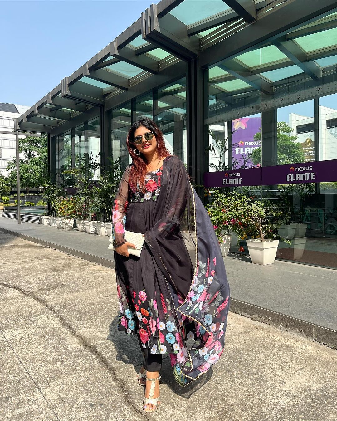 Shalini Singh in Black Floral Print Organza Three Piece Anarkali Suit