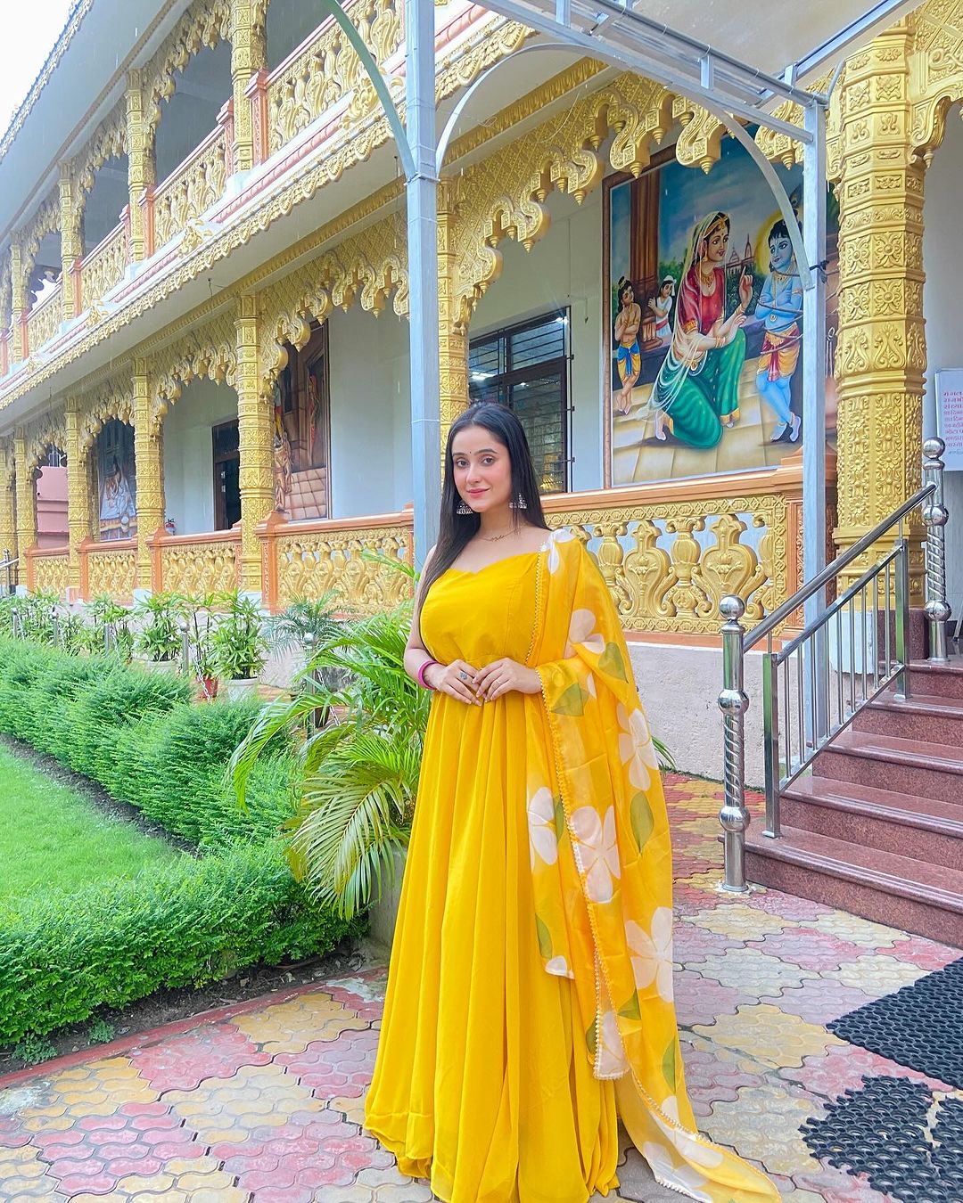 Neha Ghosh in Mustard Yellow Color Soft Georgette Anarkali Gown With Floral Printed Dupatta