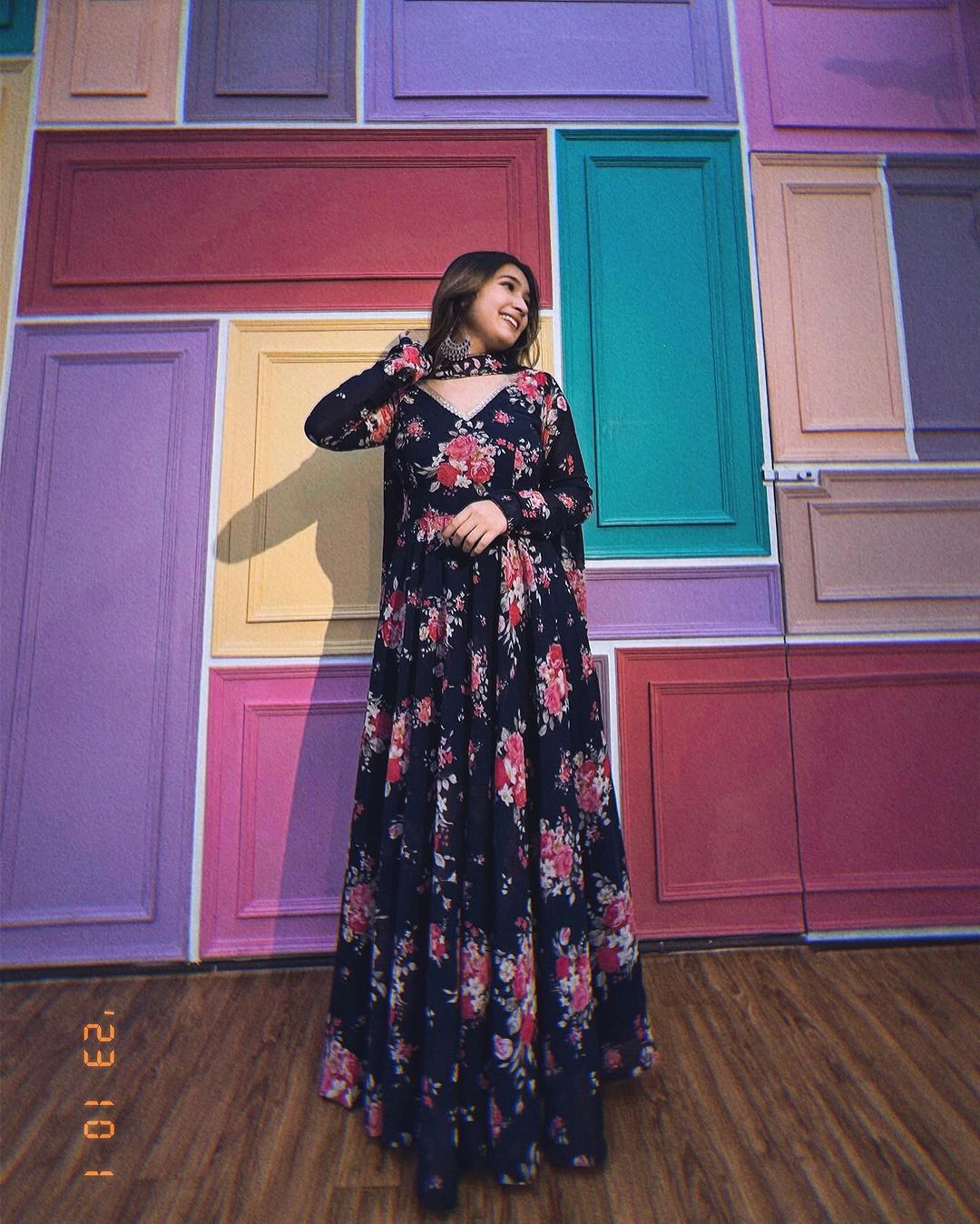 Kiran Rana In Floral Navy Blue Color Anarkali Suit