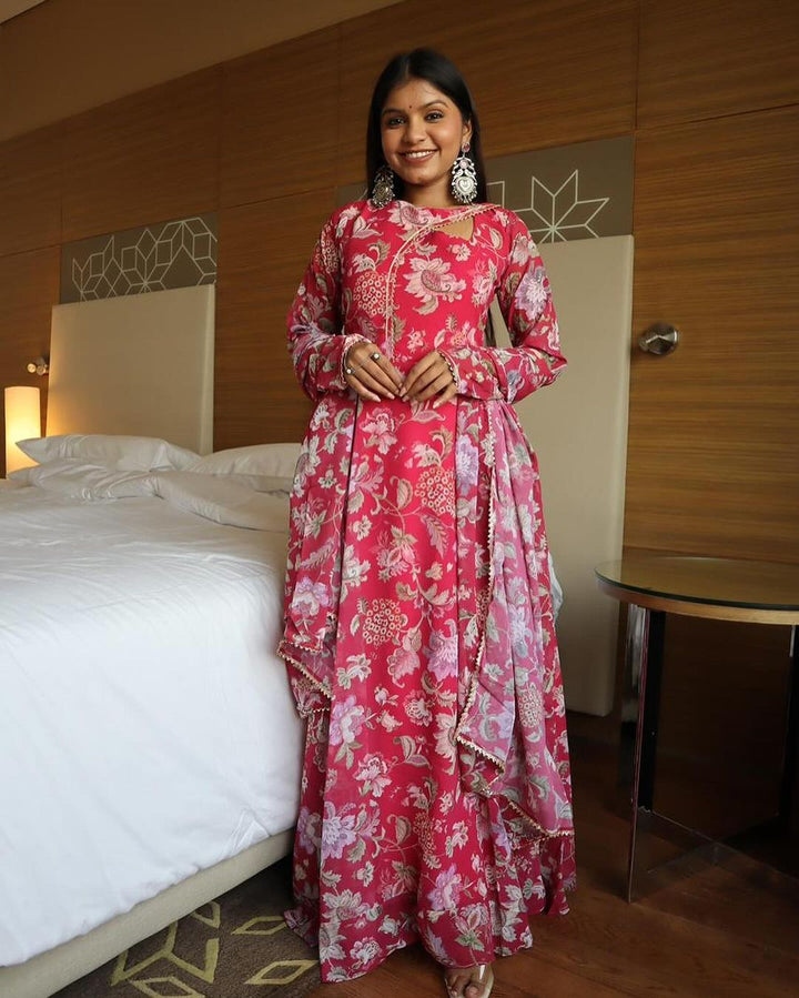 Jeetu Sri in Stylish Neck Design Soft Georgette Floral Pink Color Three Piece Anarkali Suit