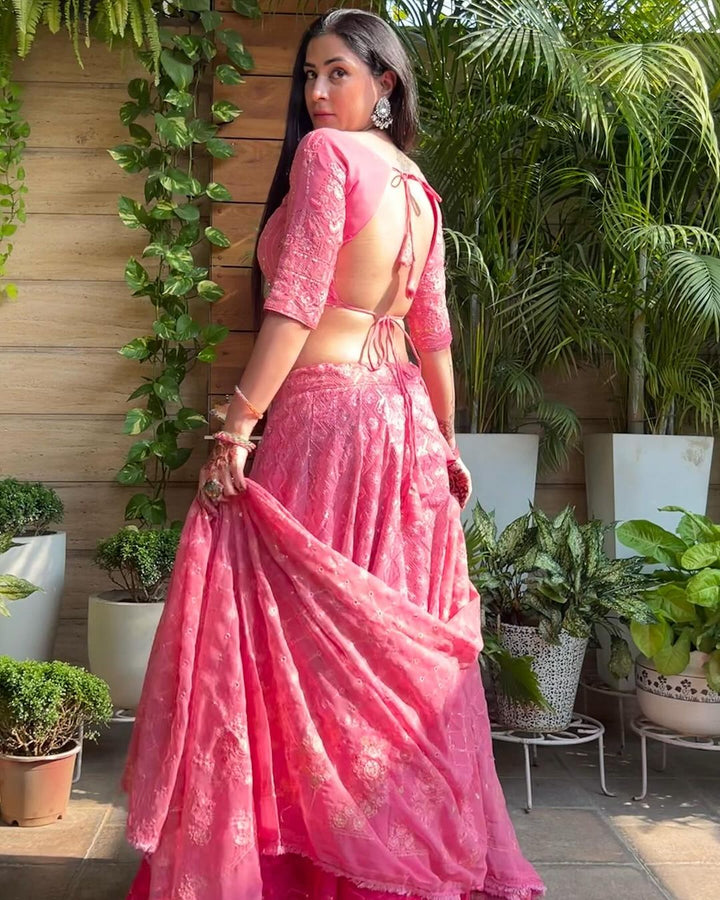 Isha Sharma in Pink Shaded Lucknowi Style Embroidered Soft Georgette Semi Stitched Lehenga Choli