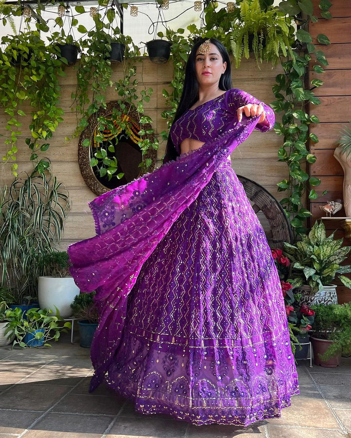 Isha Sharma in Purple Lucknowi Style Embroidered Soft Georgette Semi Stitched Lehenga Choli
