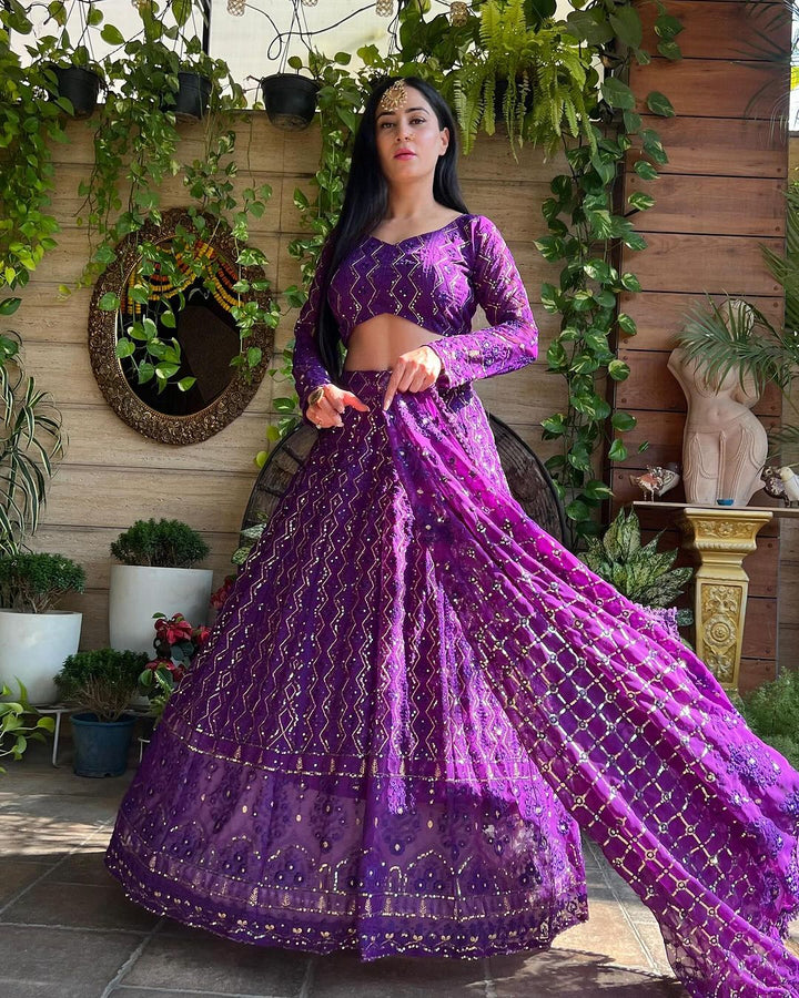 Isha Sharma in Purple Lucknowi Style Embroidered Soft Georgette Semi Stitched Lehenga Choli
