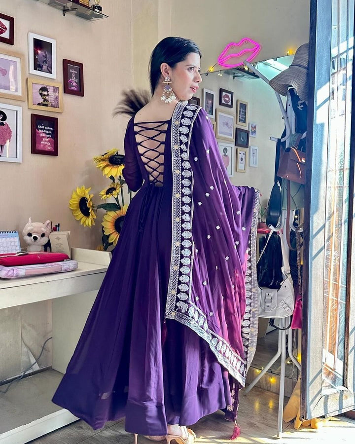 Mili Lakhmani in Wine Purple Colour Anarkali Three Piece Suit