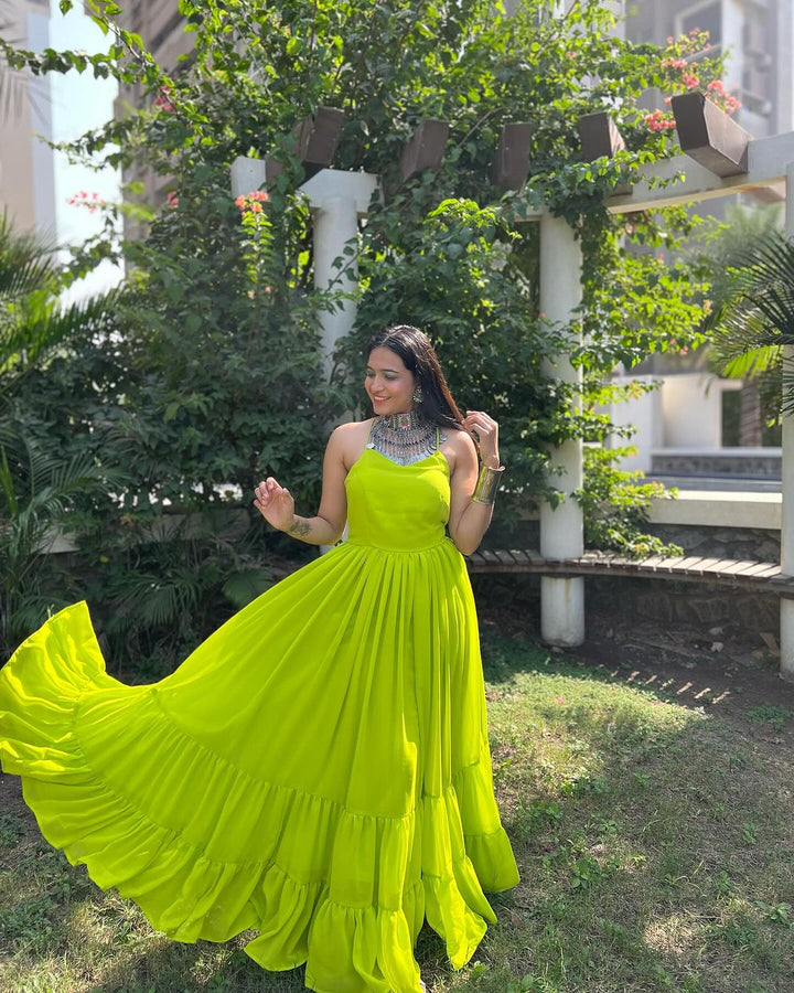Dr. Krishna Patel in Neon Color Pure Soft Georgette Anarkali Gown